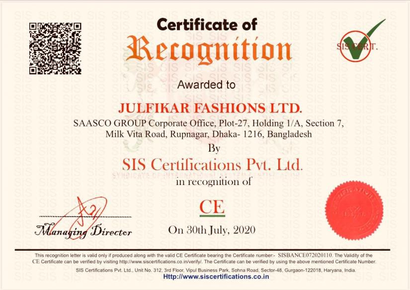 Recognition Awarded to Julfikar Fashions Ltd. by SIS Certification Pvt. Ltd.